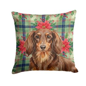 Longhaired Chocolate and Tan Dachshund Christmas PoinsettIas Throw Pillow Decorative Indoor Outdoor Accent Cushion for Couch, Bed or Patio, 14Hx1