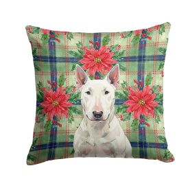 White Bull Terrier Christmas PoinsettIas Throw Pillow Decorative Indoor Outdoor Accent Cushion for Couch, Bed or Patio, 14Hx14W