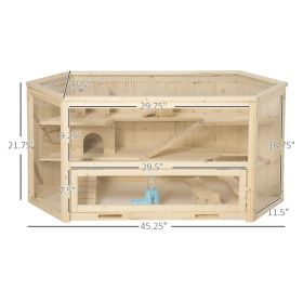 Wooden Large Hamster Cage Small Animal Exercise Play House 3 Tier With Tray, Seesaws, Water Bottle, Activity Center, Natural (Option: Natural)